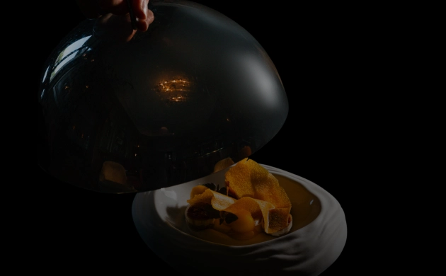 Main soulevant une cloche de service pour révéler un plat gastronomique, mis en lumière dans un environnement sombre.