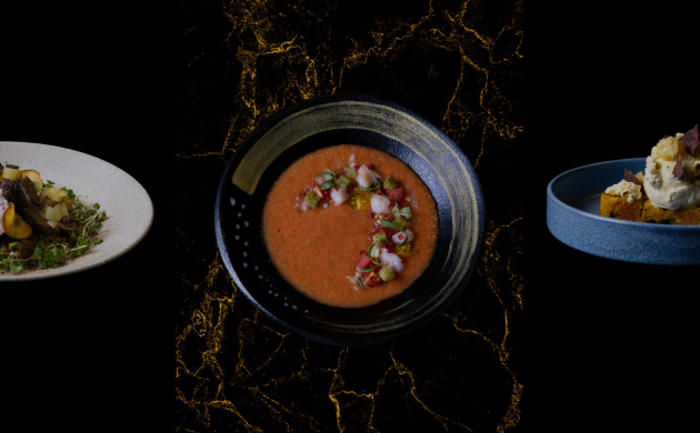 Starter, main course and dessert from the previous menu, elegantly presented on plates.